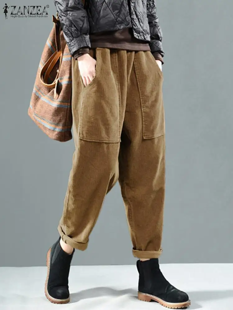 Frauen Herbst elastische Taille Cord Hosen solide lange Hosen Zanzea Vintage Cord Harem Hosen lose Rübe Pantalon lässig