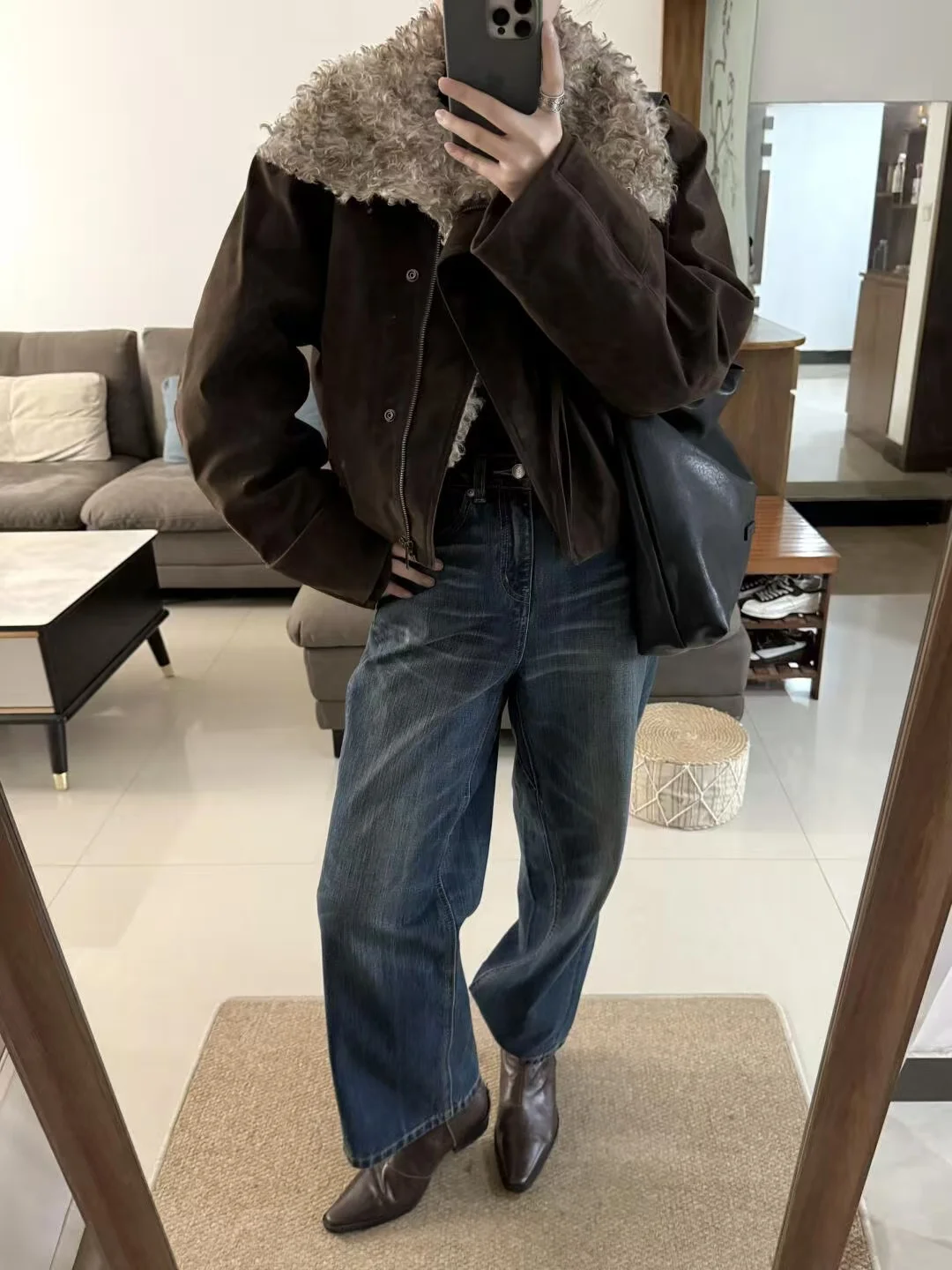 

Suede ort Jaet Pumpkin Vintage Large Collar Fur Trim Slim Fit Workwear Coat Long Sve Commute Sle Zipper Closure