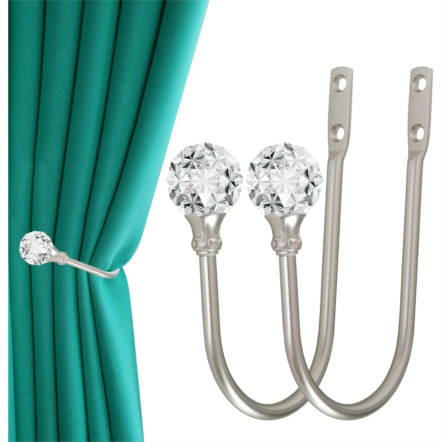

Crystal Curtain Holdback, 2pcs Wall Mounted Drapery Tiebacks with Clear Crystal Ball, Heavy Duty Metal Decorative Curtain Hooks