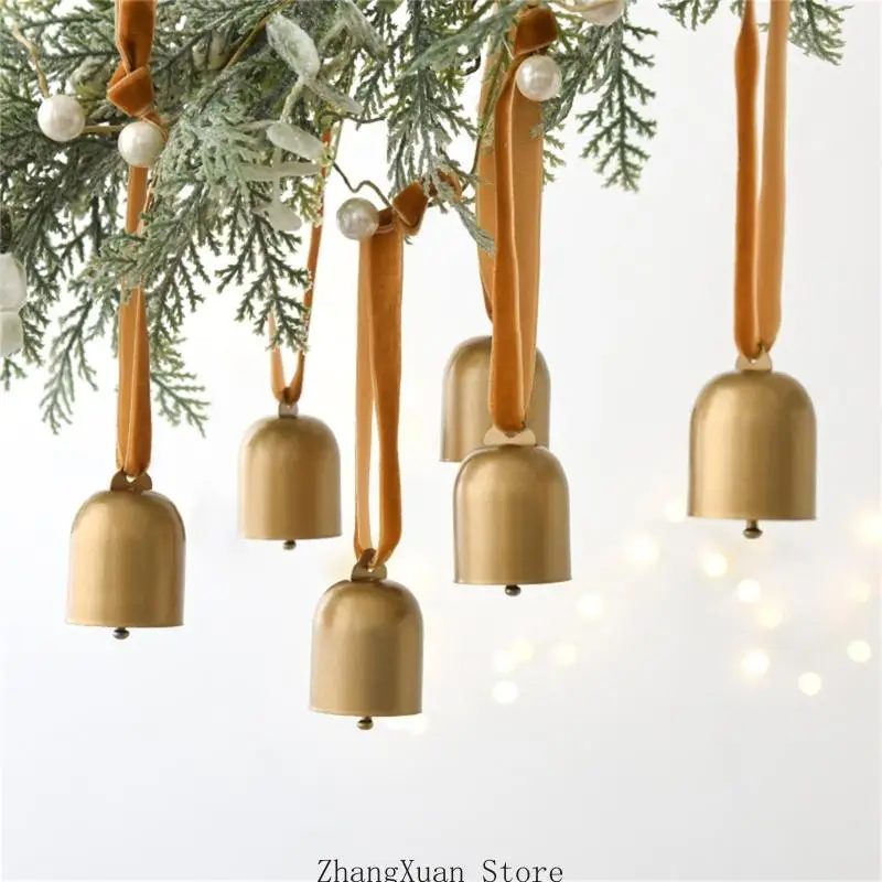 Set aus 6 Weihnachtsglocken, Metallglocken mit Stoffbandaufhängern für Kranzdekoration, Geschenkverpackung und saisonale Dekorationen 3XUF – Detail 3