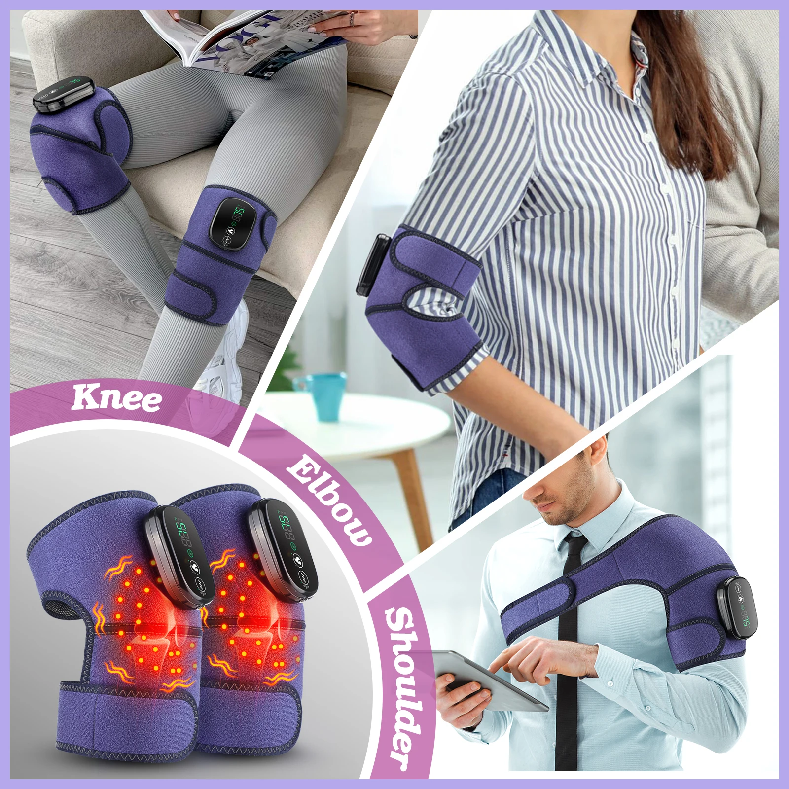 Wireless Knee Pad Heating Knee Massager Joint Vibration 3 in 1 Shoulder Elbow Brace with Digital Display Controller