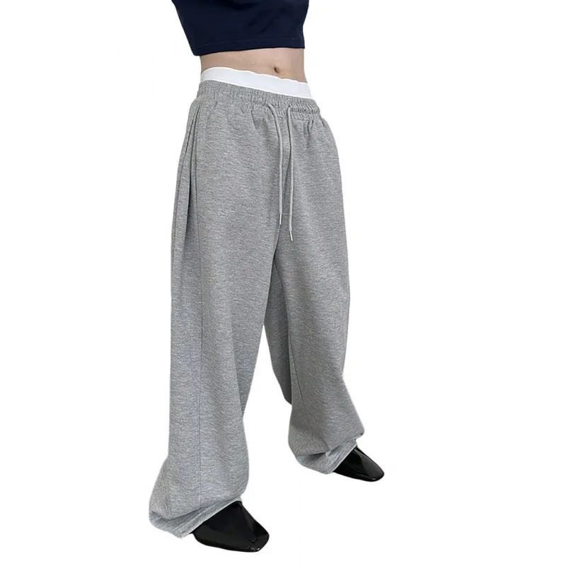 Calça de moletom masculina de cor sólida 2025 com cordão perna reta perna larga solta ajuste com bolso calças esportivas multifuncionais