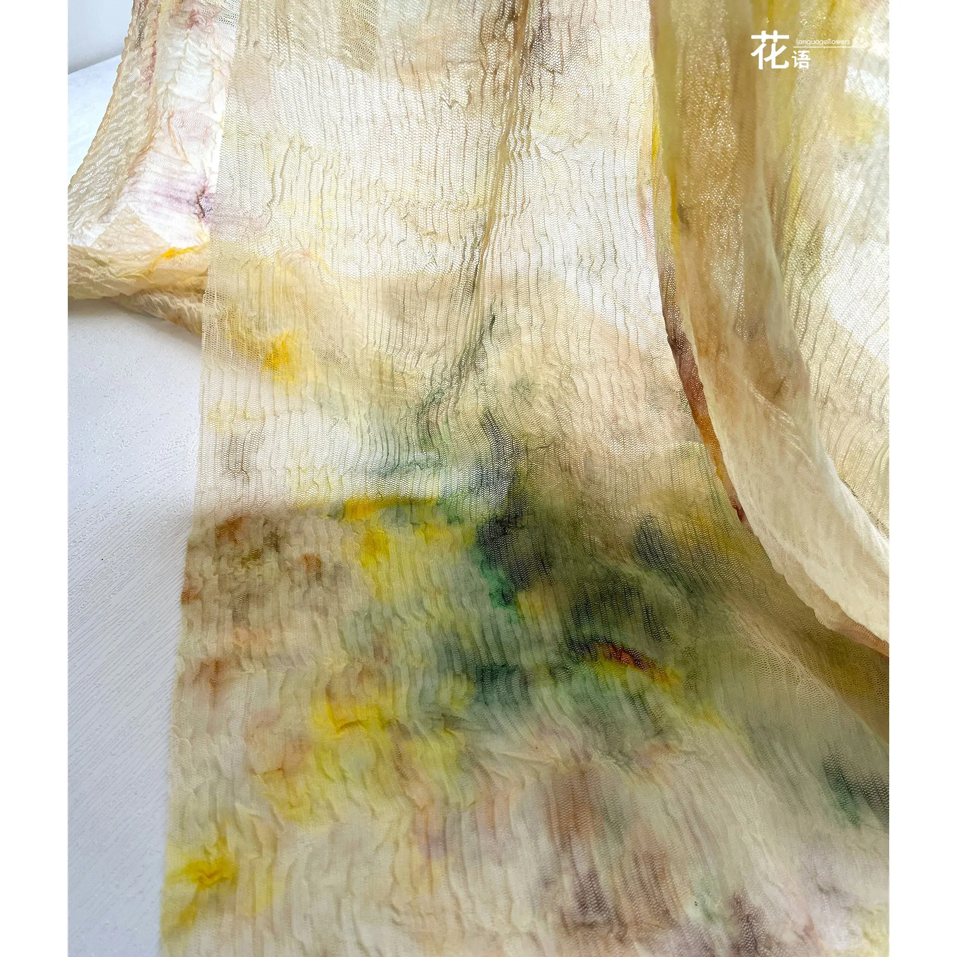 Yellow Green Tie Dye Mesh Designer Fabric Fine Crinkle Sheer Knit for Layering, Handmade Garments and Custom Garment Projects