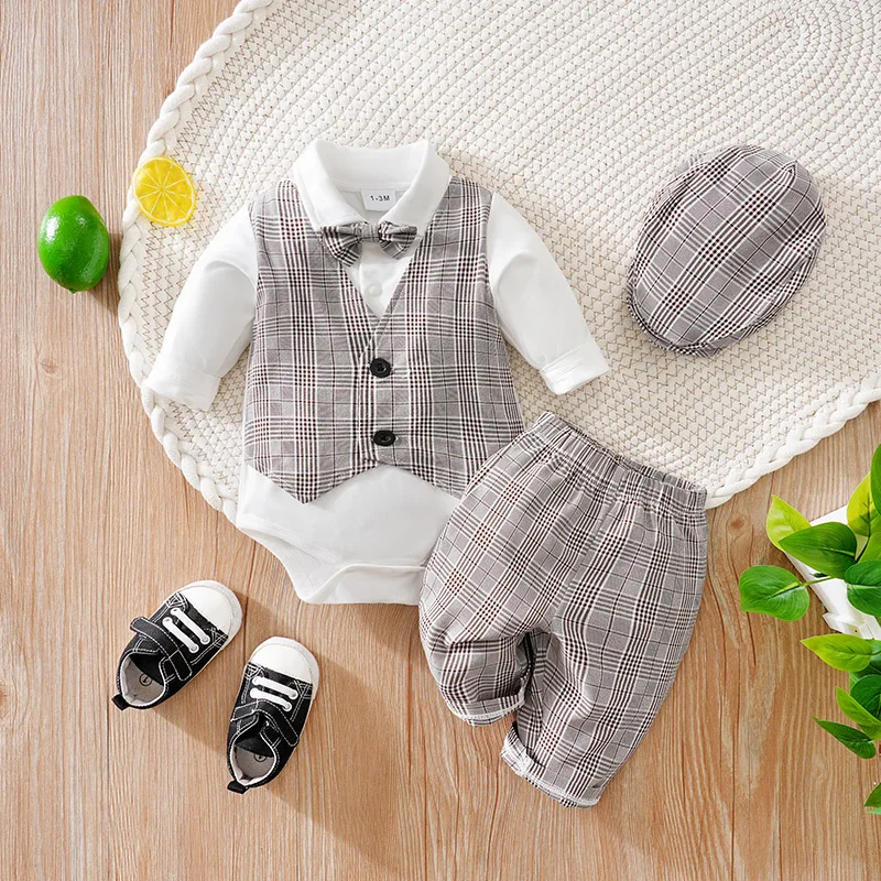 Newborn Clothes Checkered Gentleman Soft Boy And Girl Springand Autumn Long Sleeved Baby Triangle Jumpsuit+Pants+Hat 3-Piece Set