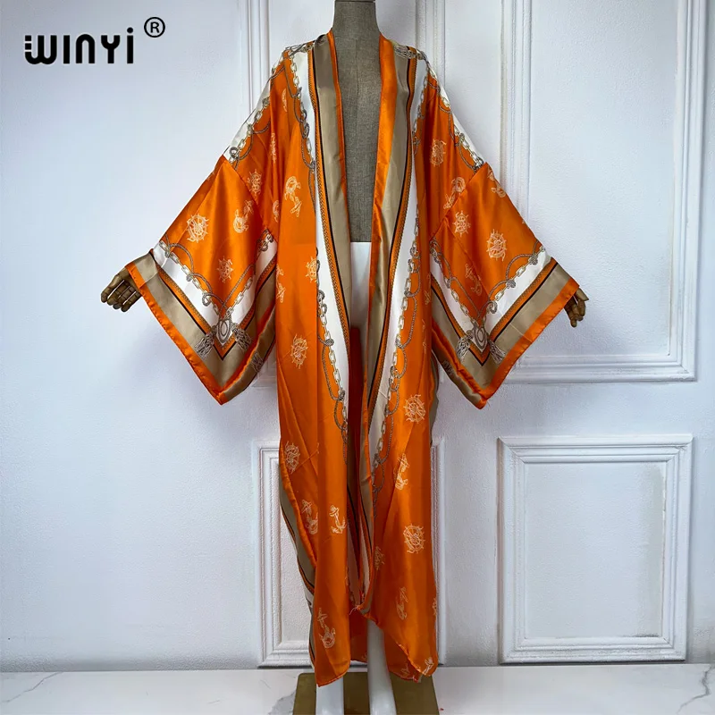 WINYI-Boêmia Feminina Estampa de Manga Longa Quimono Cardigan, Caftan Feminino, Abaya, Roupas de Praia, Cobrir, Boho Vestido Maxi, Verão