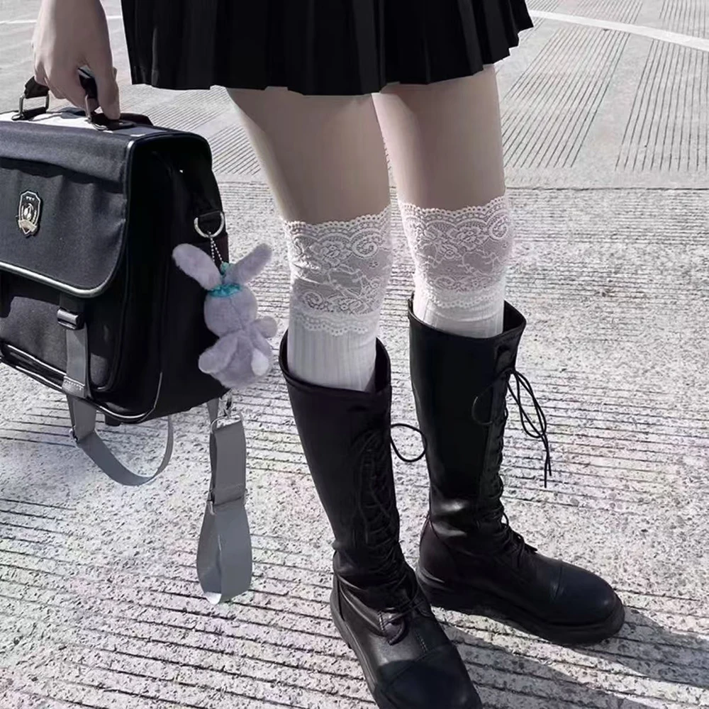Modische Damen Herbst Winter Einfarbige Overknee-Spitzenstrümpfe Niedliche Lolita Dicke Schlankmachende Warme Strümpfe Schwarz Weiß Lange Socken – Detail 1