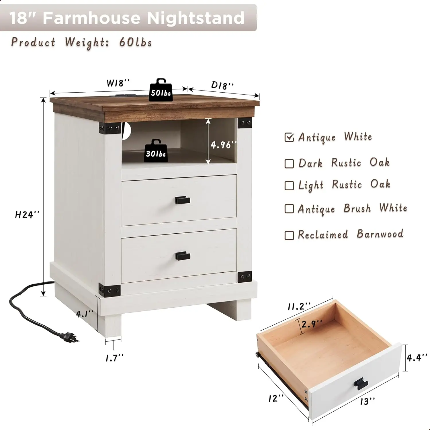 Farmhouse Nightstand with Charging Station, 18