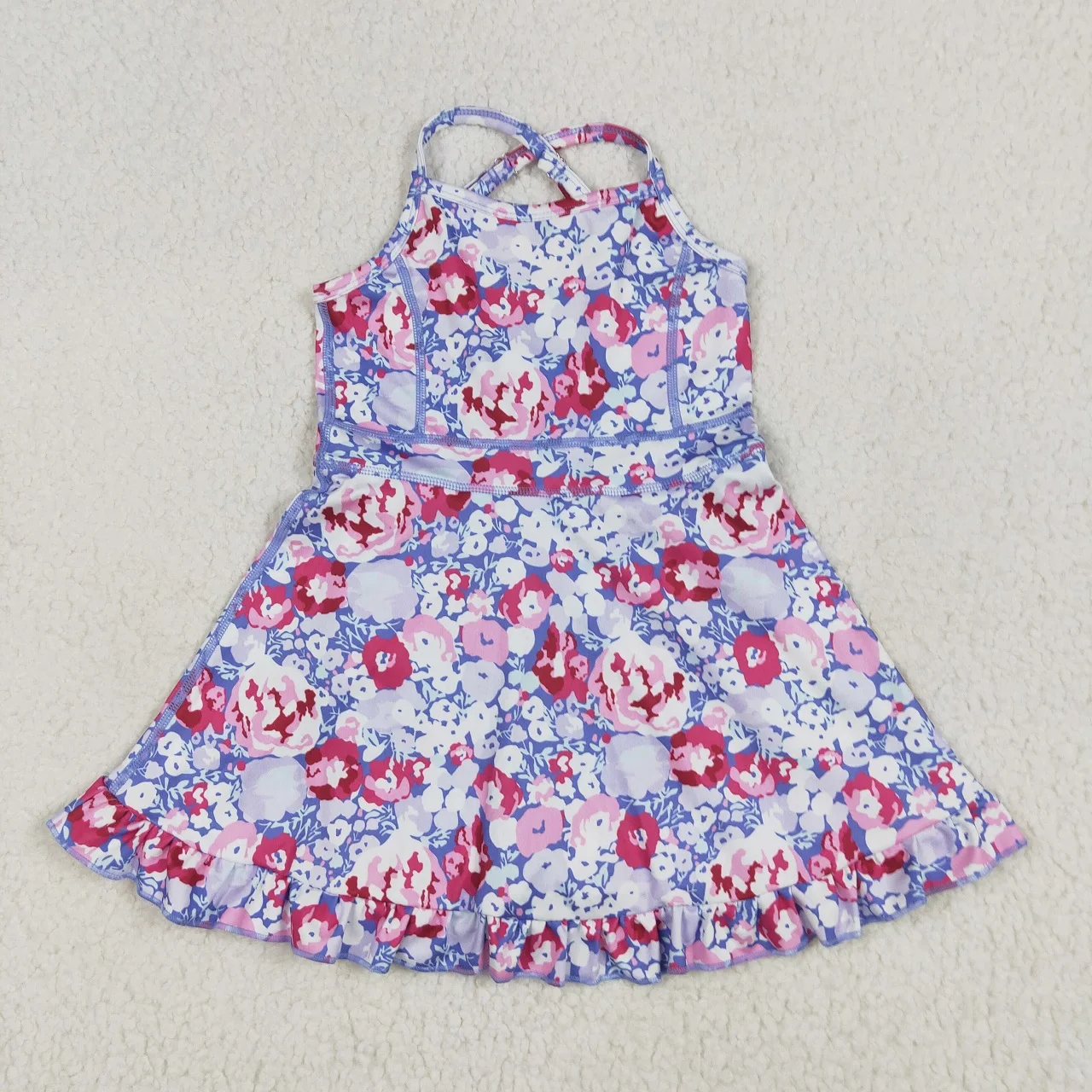 

Wholesale Infant Toddler Knee Length Straps Flower Yoga Dress Baby Girl Active Ruffle Clothing Kids Skirt Shorts Purple Clothes