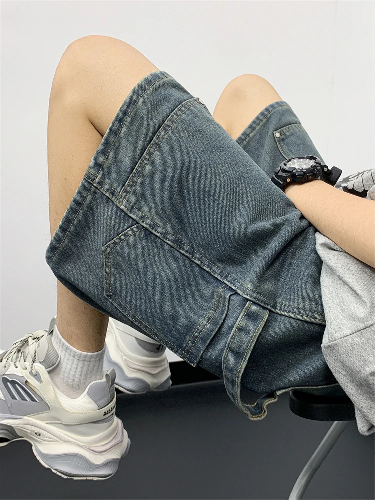 

Summer Thin Casual Men's Denim Shorts Washed American Retro Loose Straight Five-Point Pants Teenager Jeans Shorts Trendy