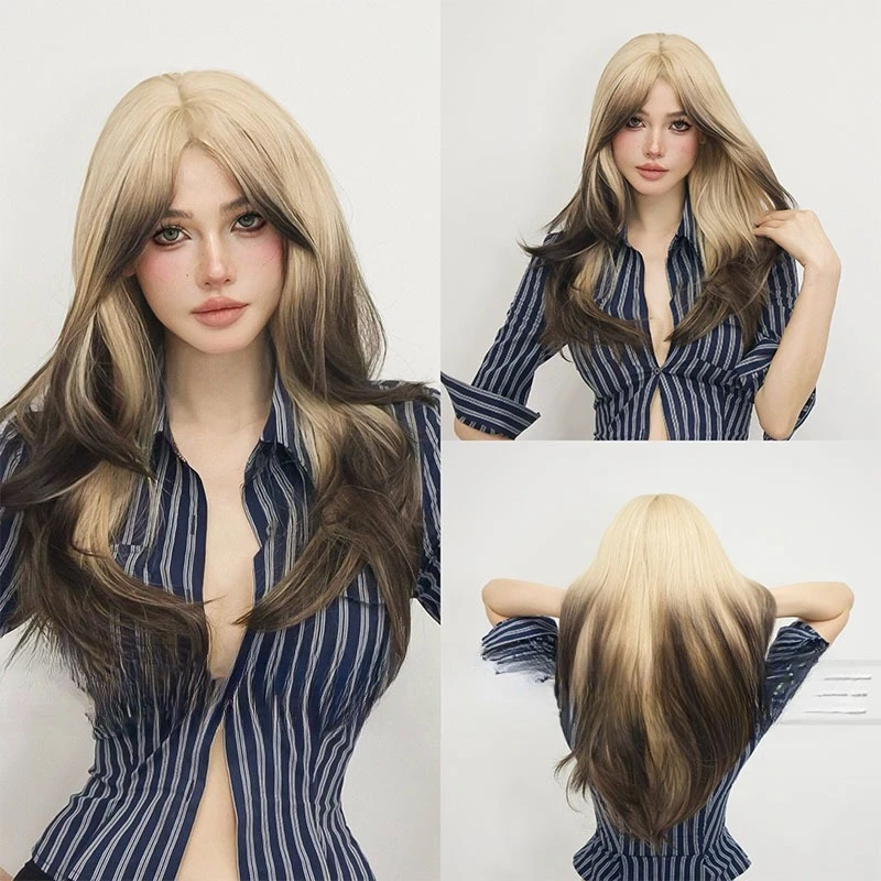 

Viral trends gradual change color layering medium long hair wearing natural fluffy full head wig