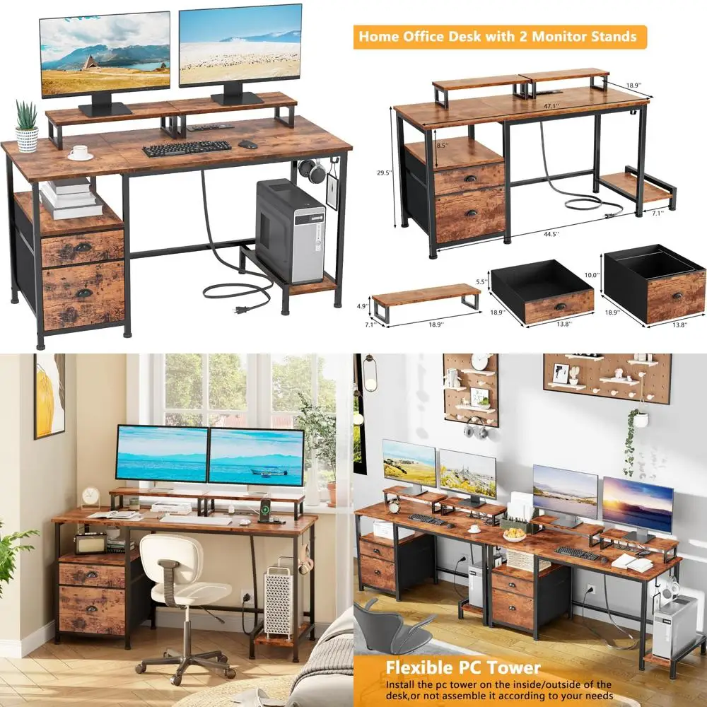 مكتب كمبيوتر مع خزانة ملفات، منافذ طاقة، حامل شاشتين، أدراج تخزين، مكتب مكتب منزلي للكتابة والتنظيم