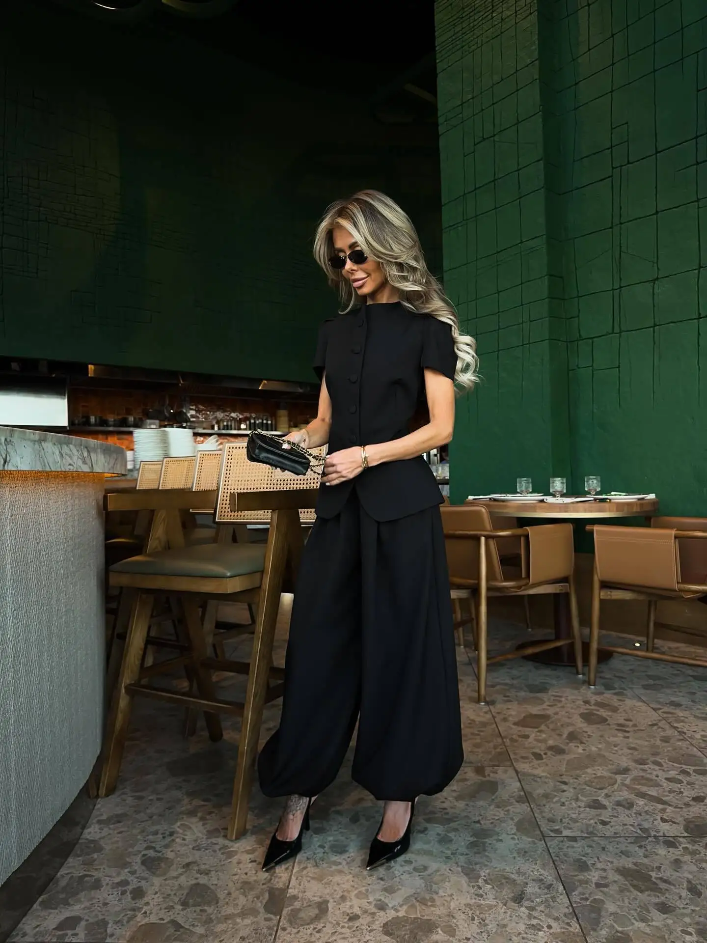 

PUAL Women 2 Piece Outfit Stand Collar Button Short Sleeve Vest High Waist Wide Leg Pants Elegant Office Suit Set