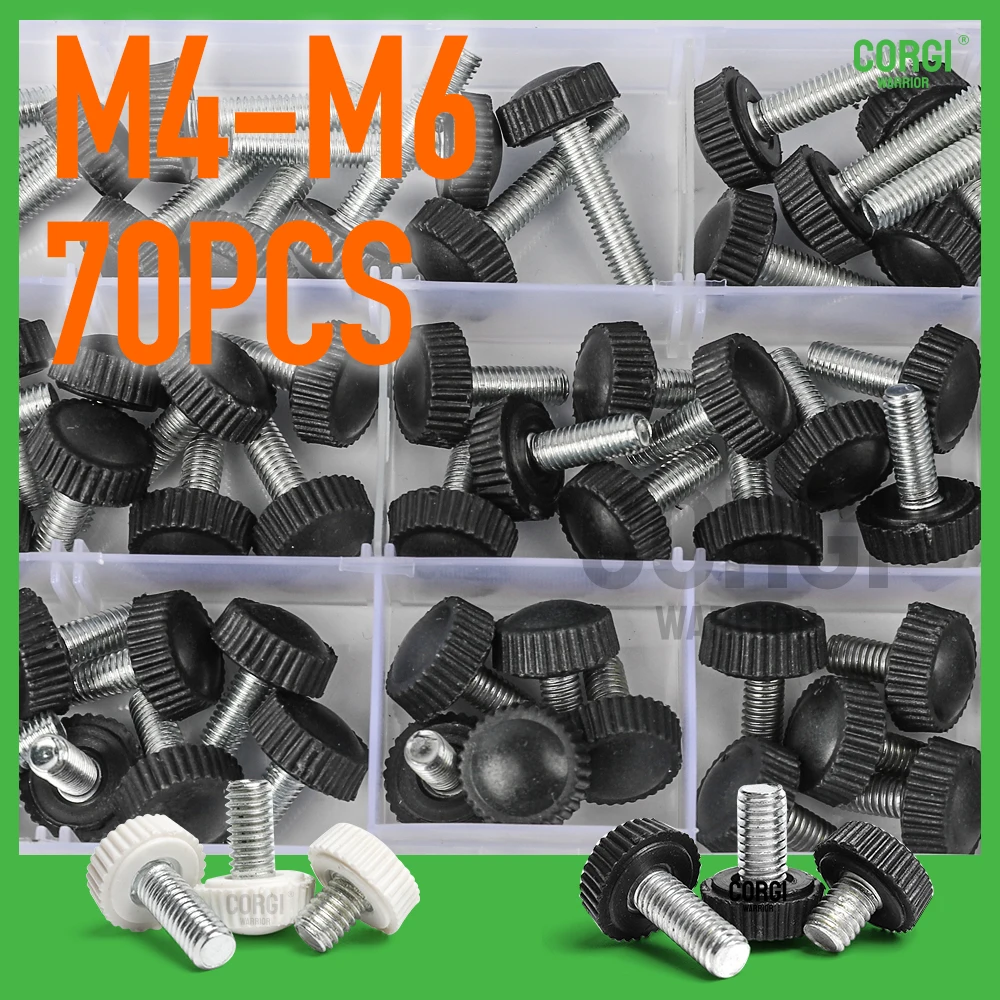 70 Pcs M4 M5 M6 Male Threaded Knurled Thumbscrew Grip Knobs Assortment Kit Black White Round Clamping Thumb Screw for Electronic