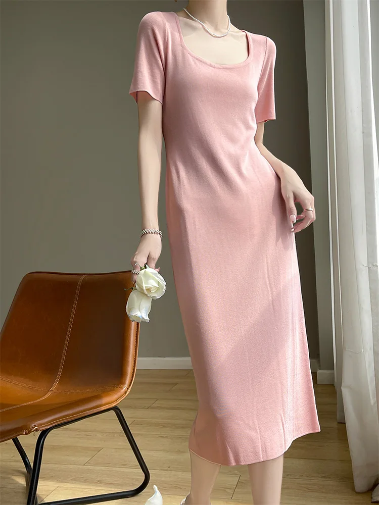 Sommer-Eisseide-Strickkleid für Damen, mittellang, knielang, f Sve, dünner Basisrock, A-Linie, hohe Taille, Pendler-Sle