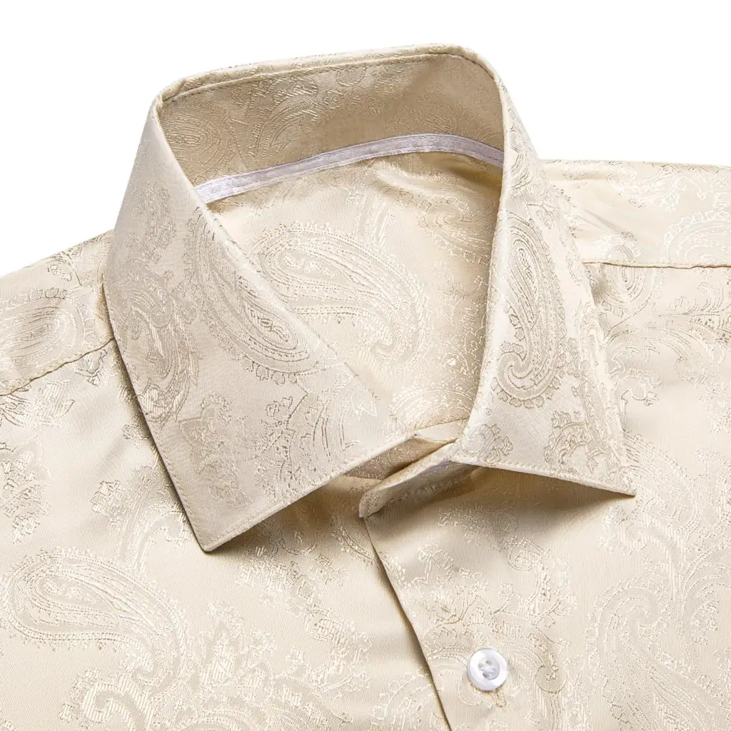 Hi-Tie Ivory Champagne Paisley Silk Men\'s ShirtLong Sleeve Casual Shirts For Men Jacquard Male Business Party Wedding Dress