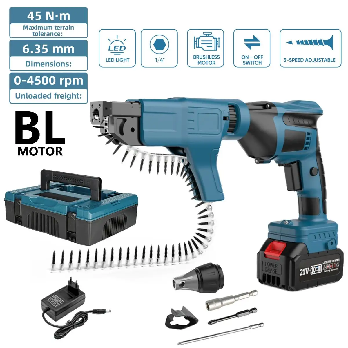 Avvitatore Elettrico a Nastro da 6,35 mm, 45 N.m, Senza Fili, Automatico, Brushless, Portatile per Cartongesso