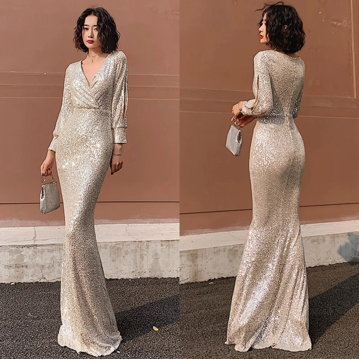 

Evening Dress Champagne Sequins Robe De Soiree V-Neck Full Sleeves Zipper Mermaid Floor Length Plus size Women Party Formal Gown