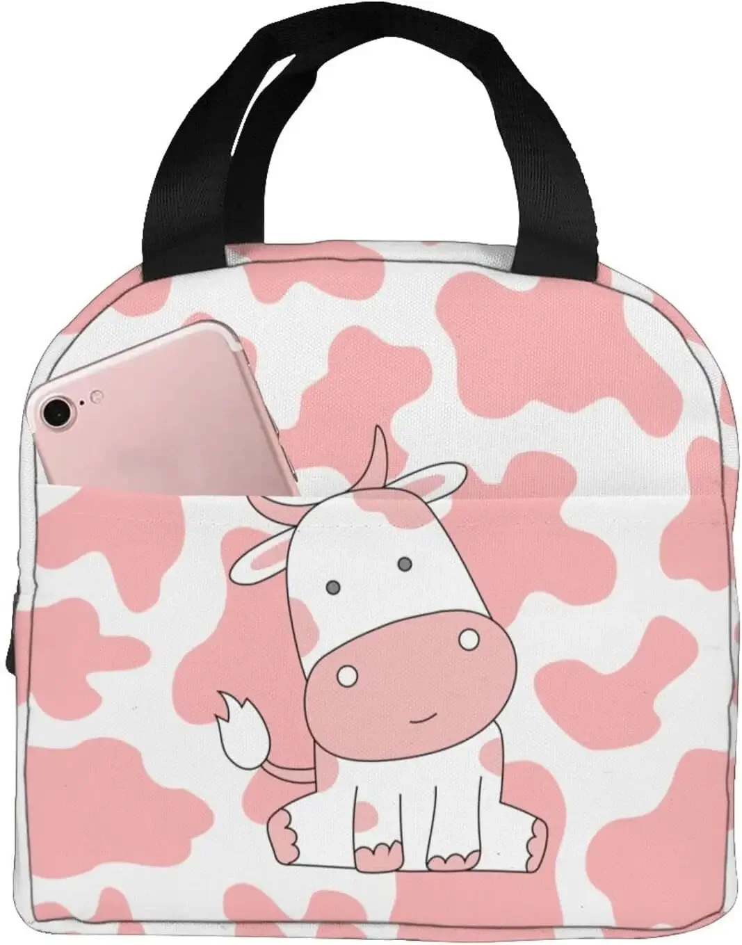 Pink Cow Print Lunch Bag Insulated Lunch Box Reusable Cooler Thermal Meal Tote for Women Men Kids Work School Picnic