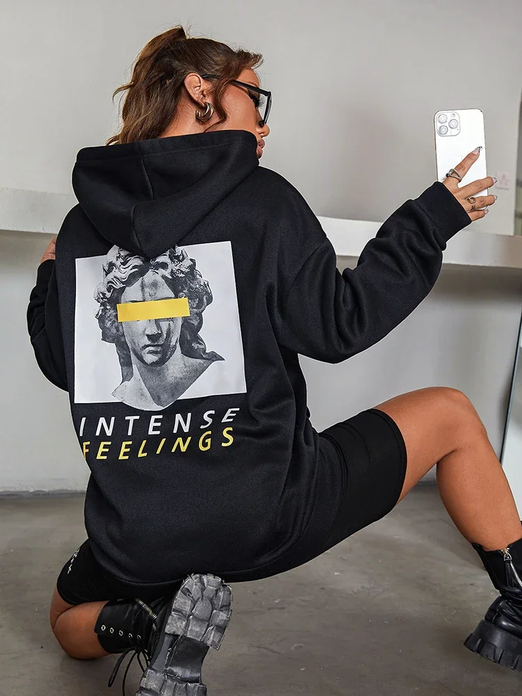 Intense Feeling Sculpture Cover Eyes Printed Womans Hoodie Street Sporty Pullover Autumn Pocket Clothing Casual Women Sweatshirt