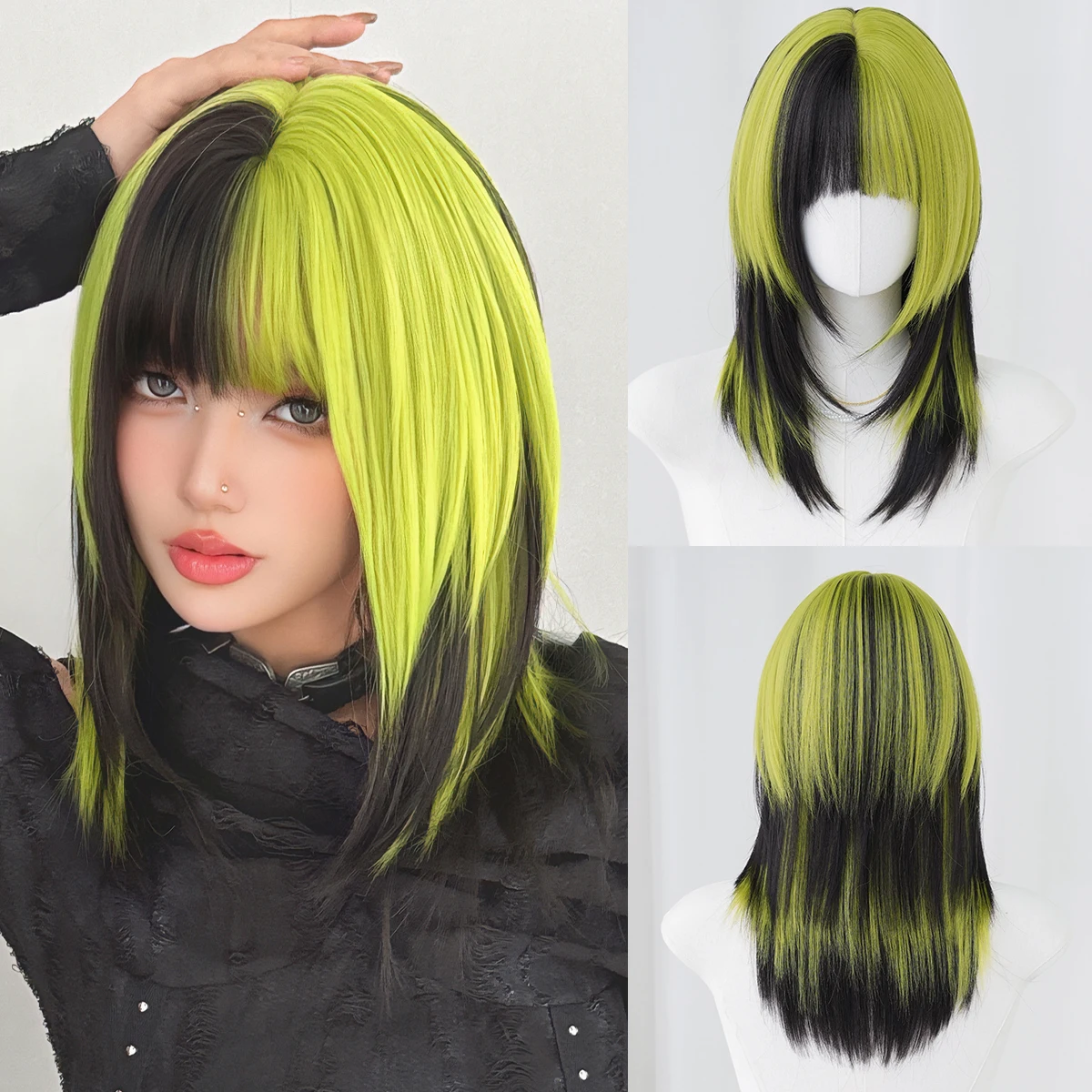 7JHH WIGS Schulterlange, glatte, schwarz-grüne Ombre-Perücke für Damen, synthetische, modische Wear-and-Go-Perücken mit ordentlichem Pony