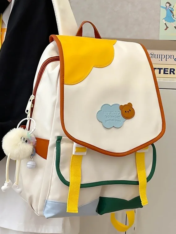 Kawaii Color Block Bear Backpack Girls Cute Flap Oxford Cloth Student School Bag Casual Travel Rucksack
