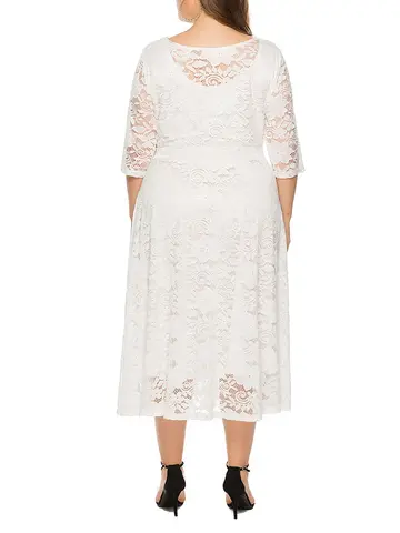 Elegant V-ringad A-linjeklänning med blommig spets och fickor Perfekt för strandfester och kvällsevenemang i plus size 8 best sales middagsklänning för plus size - №1