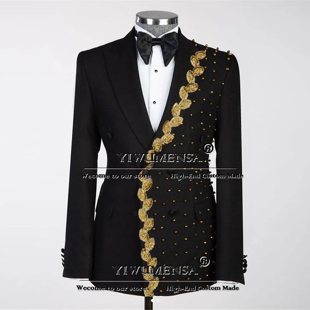 Luxury Groom Wedding Tuxedo Golden Crystals Beaded Pearls Prom Blazer Bespoke Double Breasted Suits Men Formal Party Dinner Coat