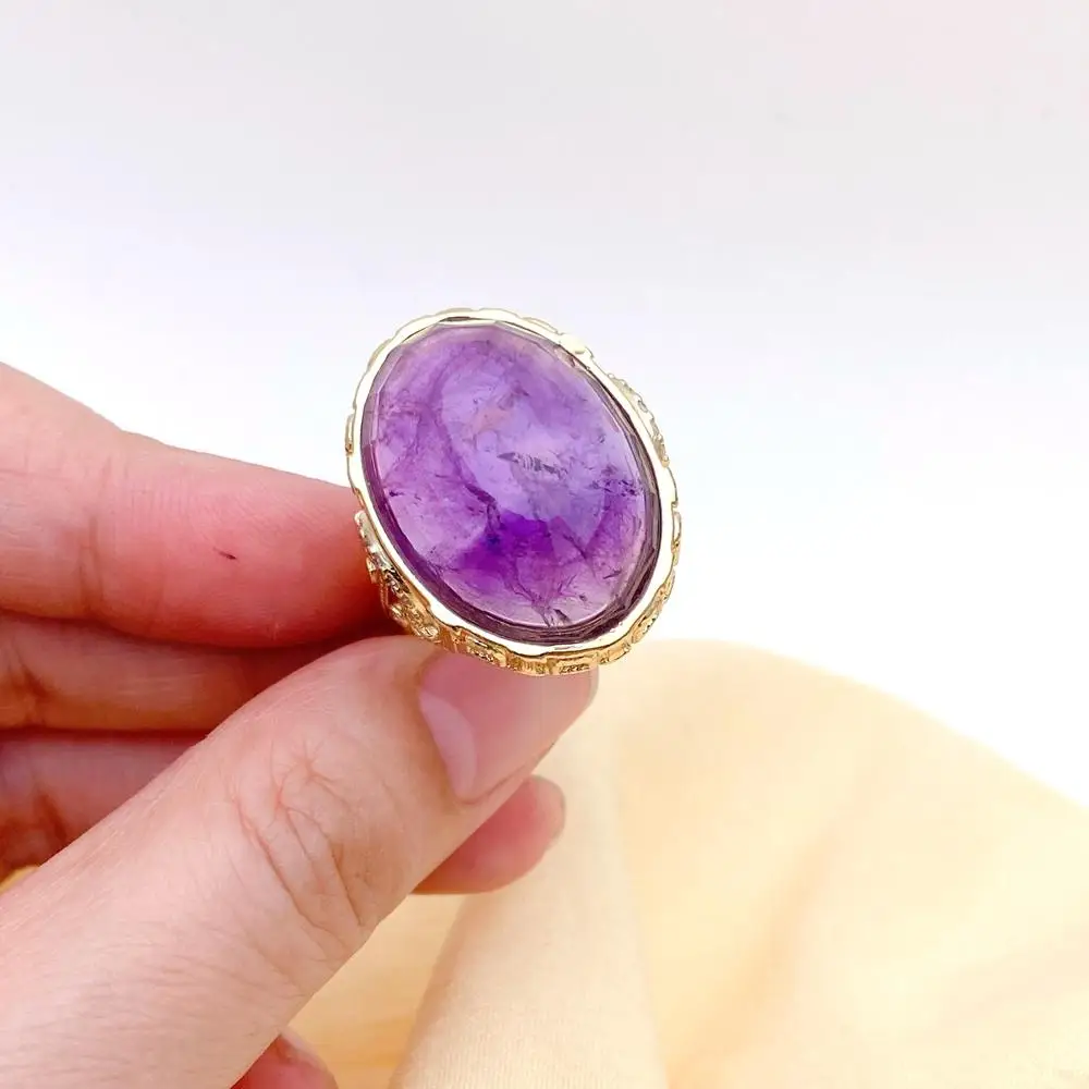 

YYGEM 22x28mm Purple Amethyst oval Gold Plated Party Ring Size Adjustable