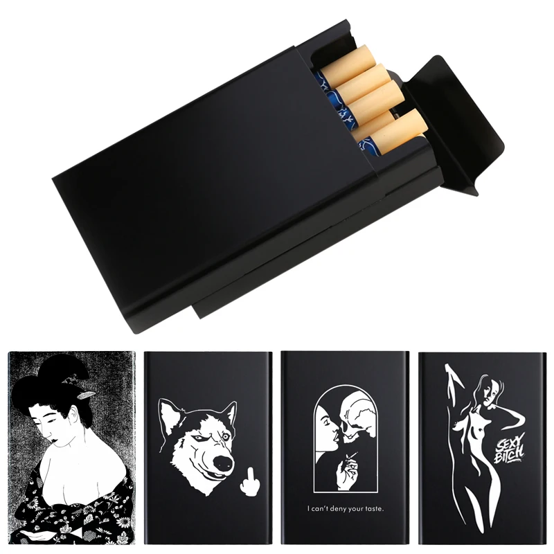 Caja de cigarrillos de aleación de aluminio para hombre, diseño creativo negro, patrón especial, caja de cigarrillos, logotipo personalizado, regalo