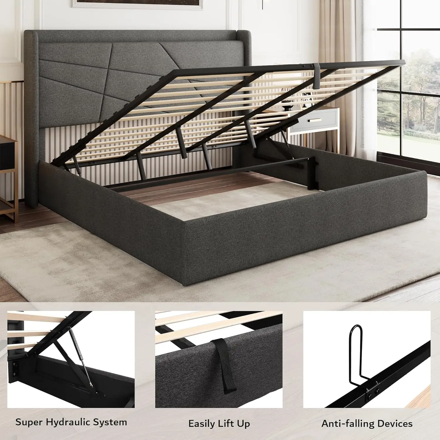 

Lift Up Storage Bed Frame with Charging Station, Upholstered Platform Bed Frame with Headboard