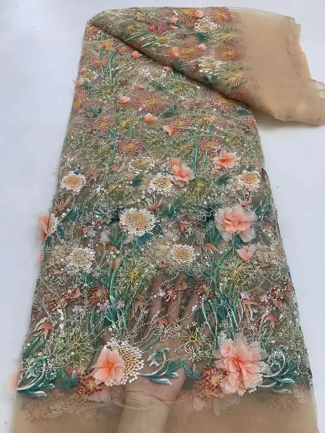 

African 3D Beads Lace Fabric for Wedding, Embroidered Flower, French Nigerian Sequins, High Quality, 5 Yards, 2024
