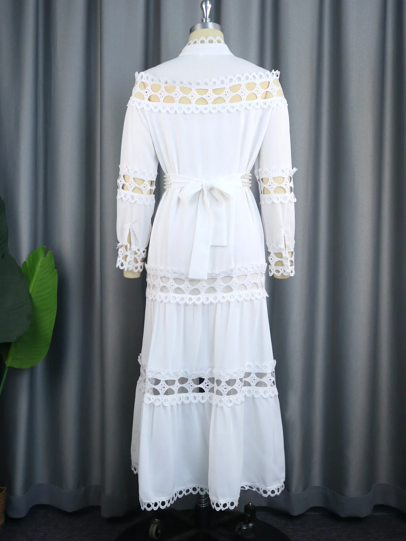 Chic Women White Dresses Hollow Out Lace Splice Mock Neck Long Sleeve A Line Midi Dress with Belt Casual Party Club Outfits