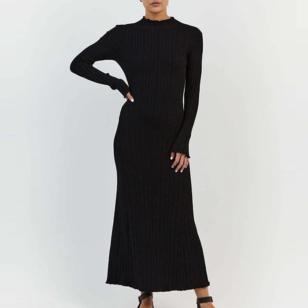 Women's European And American Style Knitted Fungus Dress Autumn Winter High Collar Slimming Long Skirt