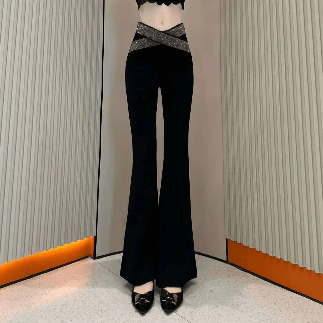 

Черные 2326, новая осенняя мода, широкие брюки с высокой талией и бриллиантами, женские офисные женские простые нерегулярные однотонные тонкие расклешенные брюки