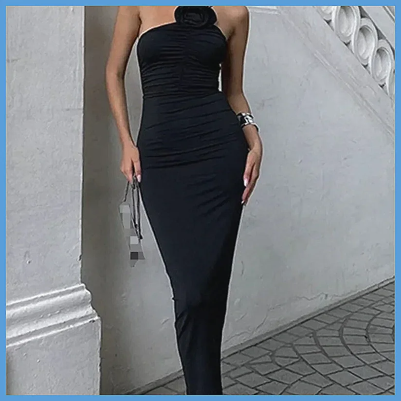 Abito sexy monospalla da donna, con vita pieghettata floreale, elegante outfit estivo slim fit
