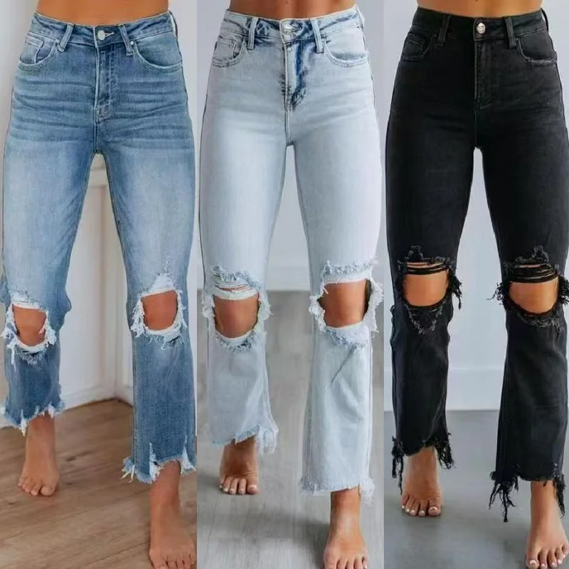

Женские рваные джинсы с дырками, повседневные прямые укороченные брюки в уличном стиле