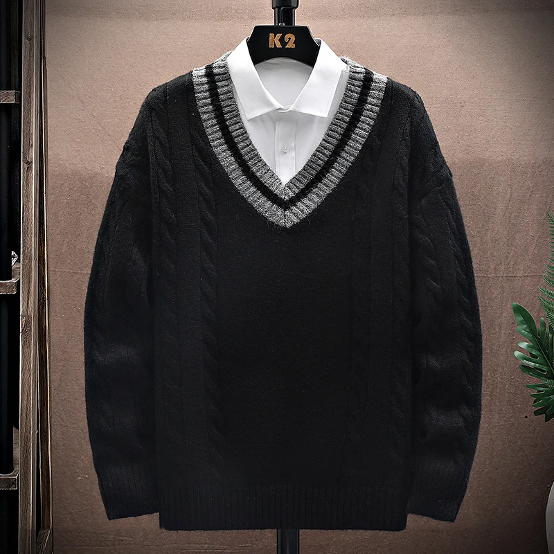 

Multi - Color V - Neck Sweater Cable Knit Texture Striped Collar Layered White Shirt Preppy Casual Style Daily Campus Outfits