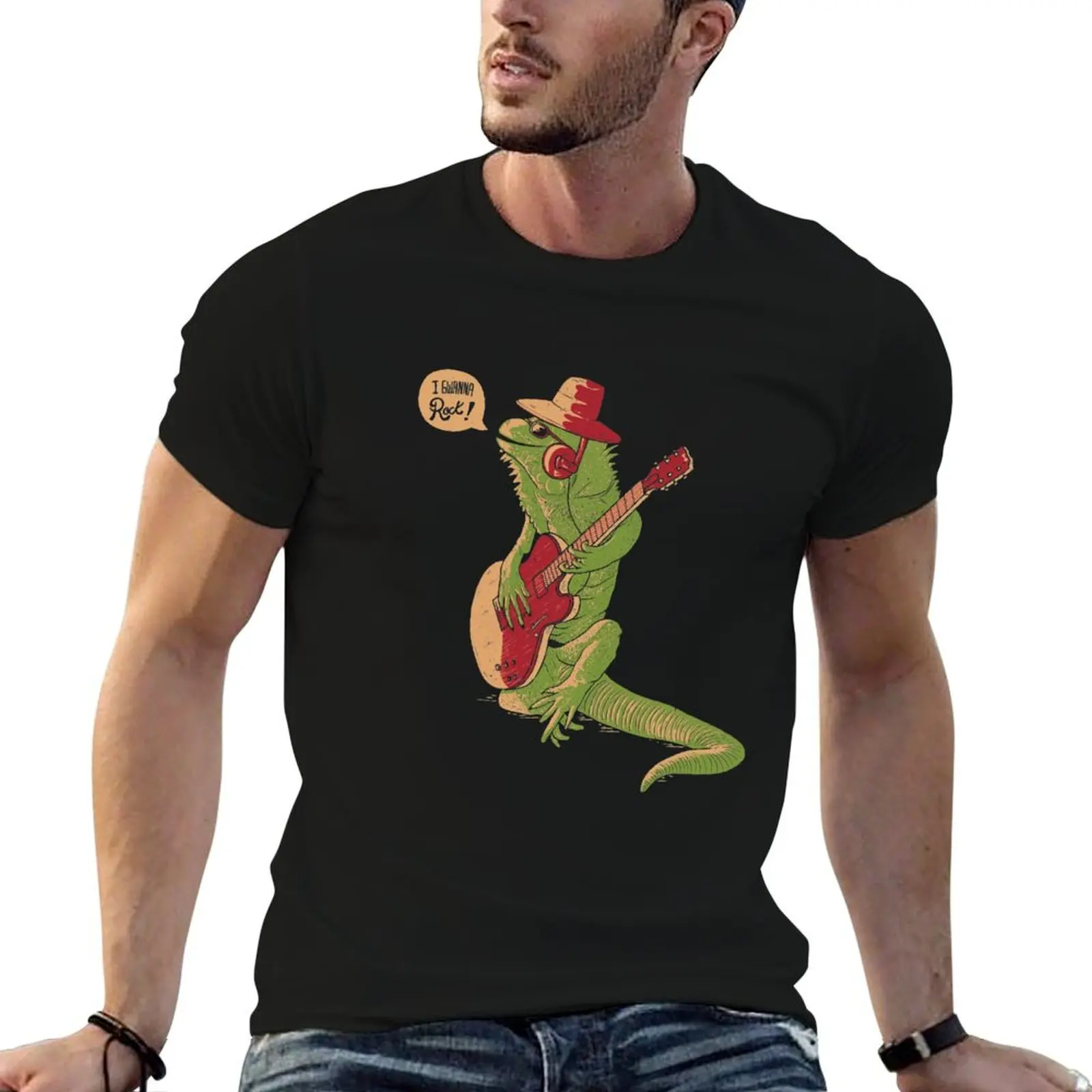 Quiero rockear! Camiseta divertida con diseño de iguana y guitarra, camisetas para hombre, camiseta de algodón de marca de lujo de alta calidad, paquete de camisetas