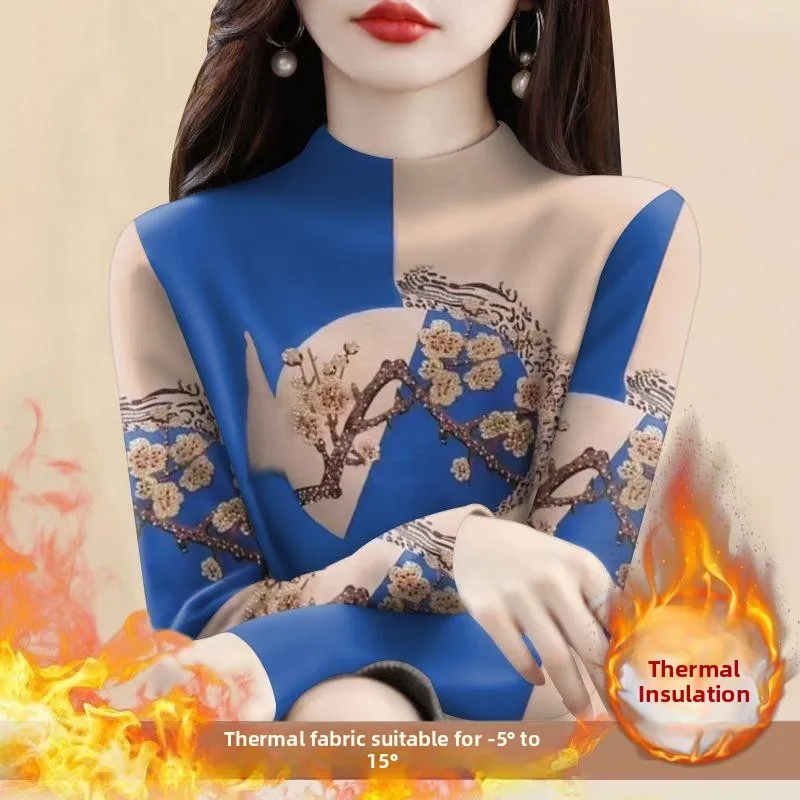 Ultra-Soft Integrated Fleece Warmth Thermal Shirt Winter Mommy Style Neck Protection Fashionable Print Trendy Top