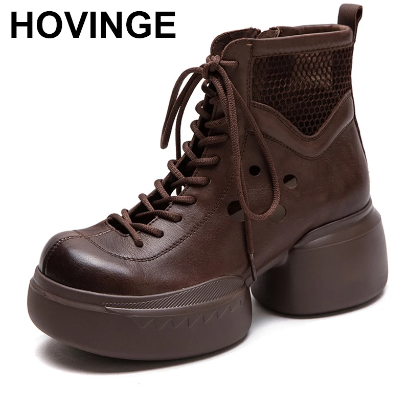 

6cm Women Boots Chunky Heels Natural Genuine Leather Ankle ZIP Breathable Rubber Soled Summer Ladies Hollow Sandals Shoes