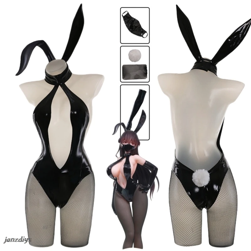 Japanese Illustration Bunny Girl Uniform Deep V-neck Hollow Leather Bodysuit Headband Mask Outfits Cosplay Costumes