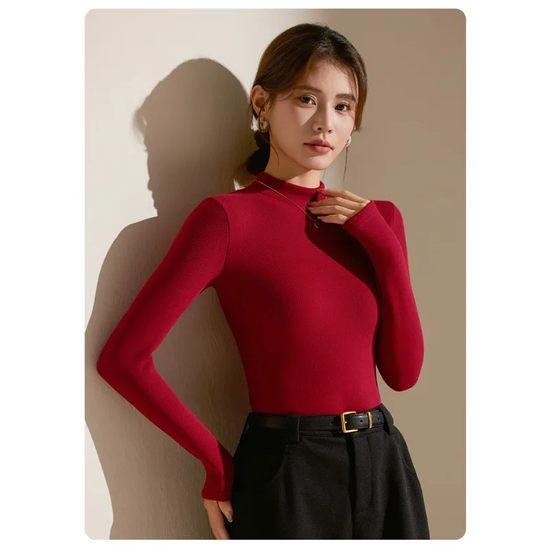 

Winter Thickened Wool Silk Base Shirt Women's Half High Collar Fleece Lined Slim Fit Inner Warm Commute Style Women Top