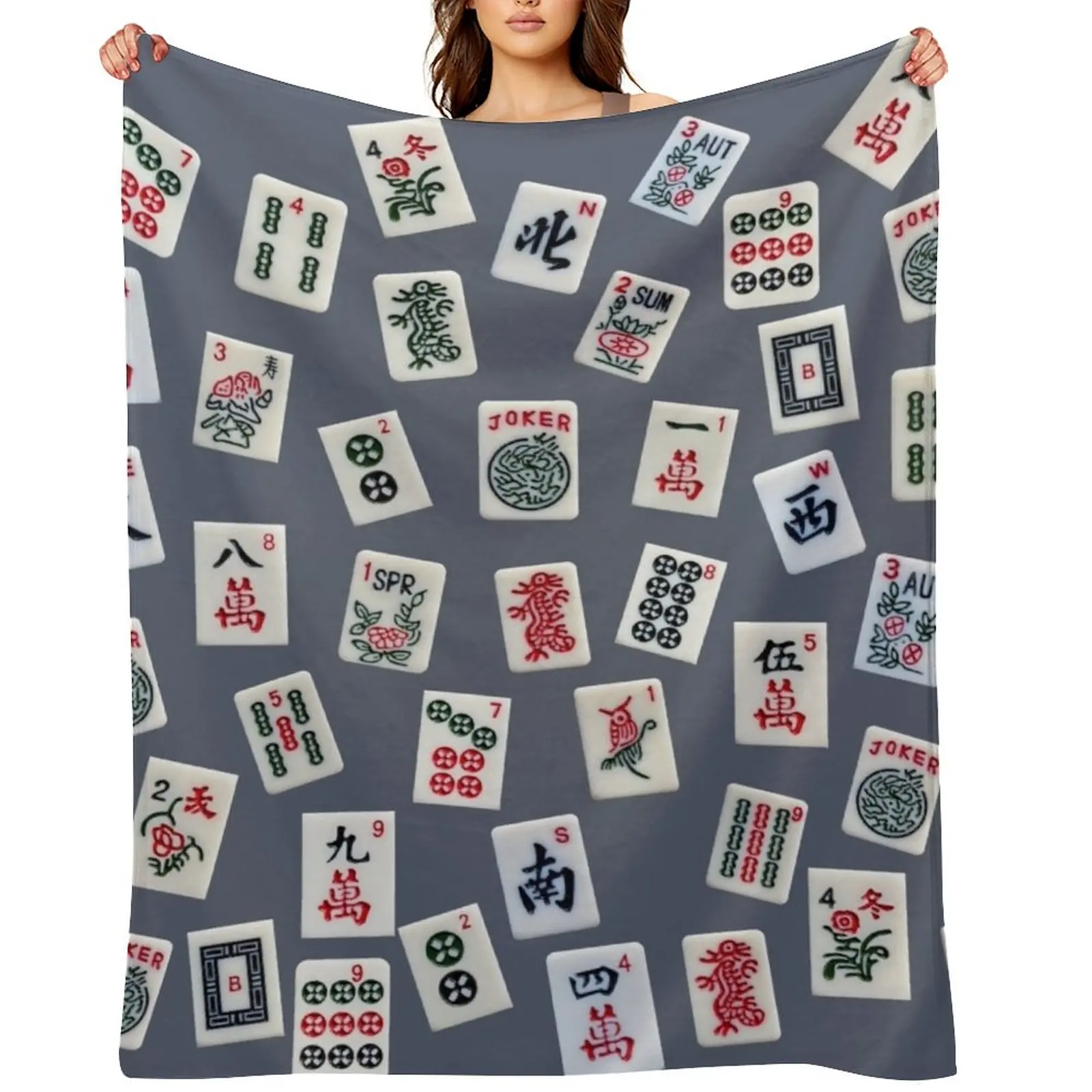 

Mahjongg game tiles design on blue color Throw Blanket Soft Plush Plaid Stuffeds christmas gifts sofa bed Blankets