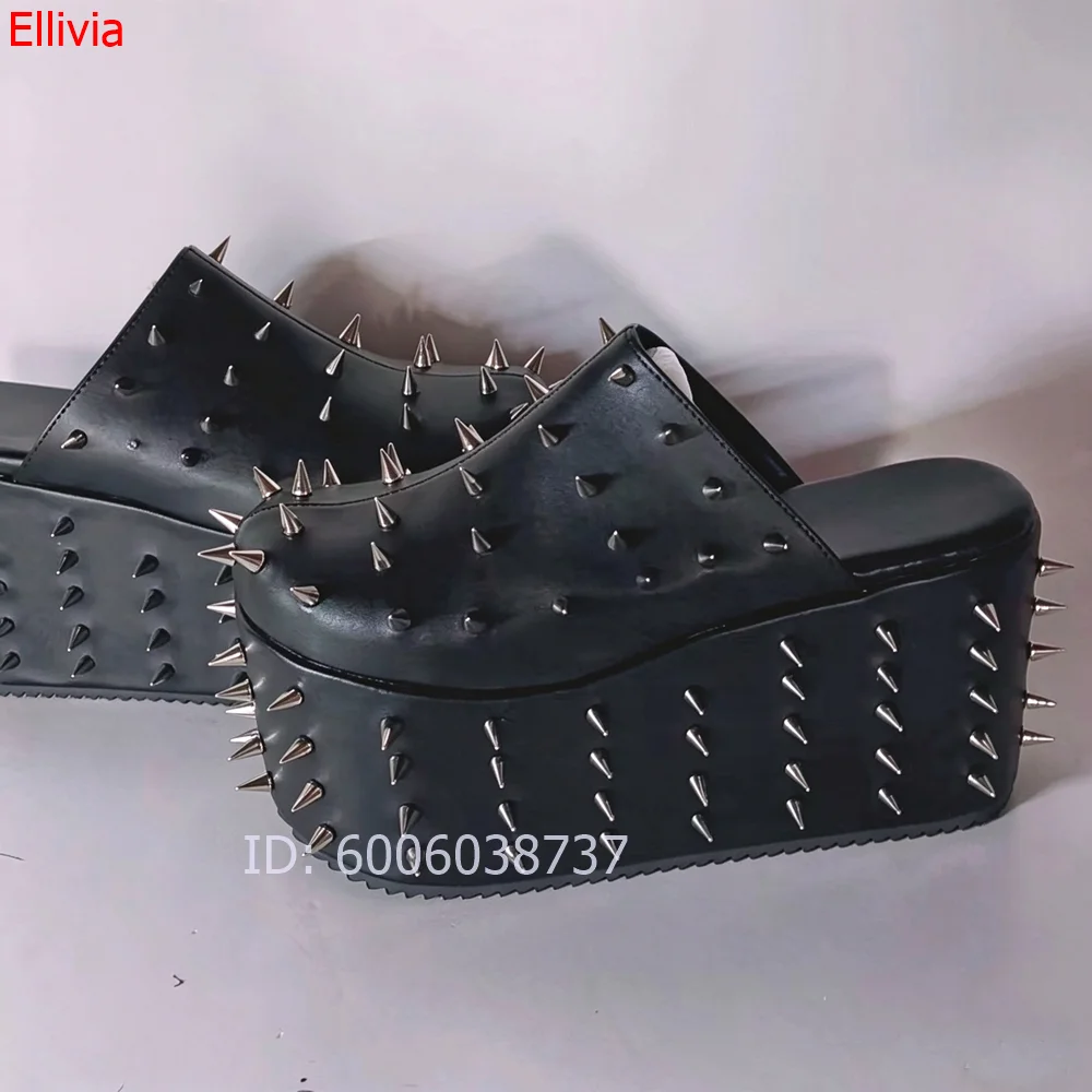 Women Closed Toe Platform Mule Clogs Silver Spike Studded Chunky Block High Heel Slip On Solid White Street Fashion Ladies Shoes