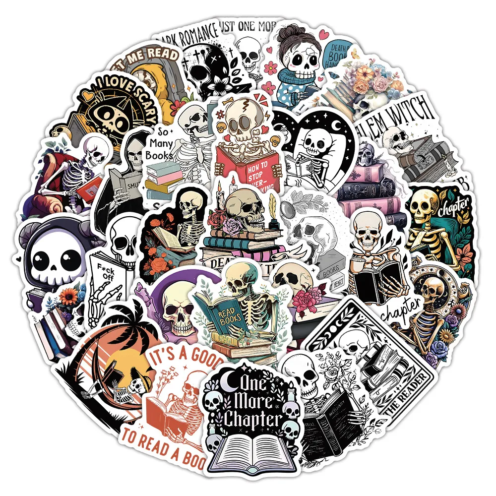 

50Pcs Cartoon Skull Reading Graffiti Stickers Horror and Thrilling Reading Car Stickers