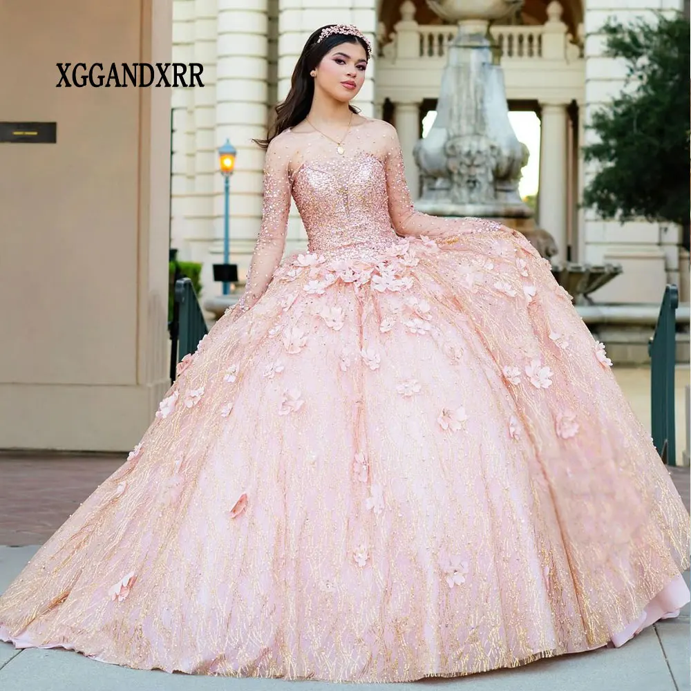 

Индивидуальное бальное платье Quinceanera Vestidos De 15 2025 с длинными рукавами розового золота, платья Quinceanera Sweet 16, платье с 3D цветочным принтом XV