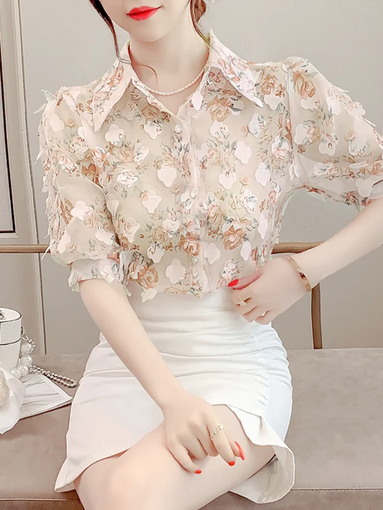 Spring Fashion Floral Turn-down Collar Long Sleeve Blouse Women Clothes Temperament Printing Perspective Shirts Femme Sweet Tops