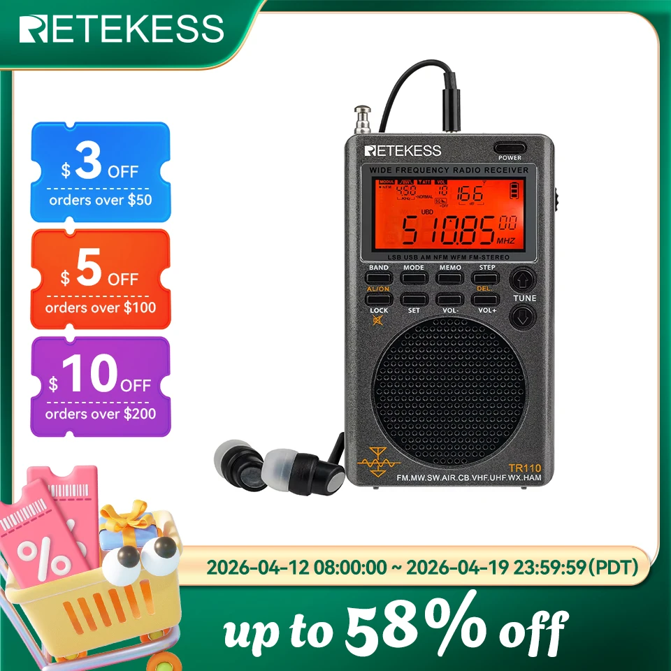 RETEKESS TR110 Radio Portable Digital Radio Shortwave Radio FM/SW/MW/SSB/Air Multi Band Rechargeable Battery Sleep Timer Outdoor