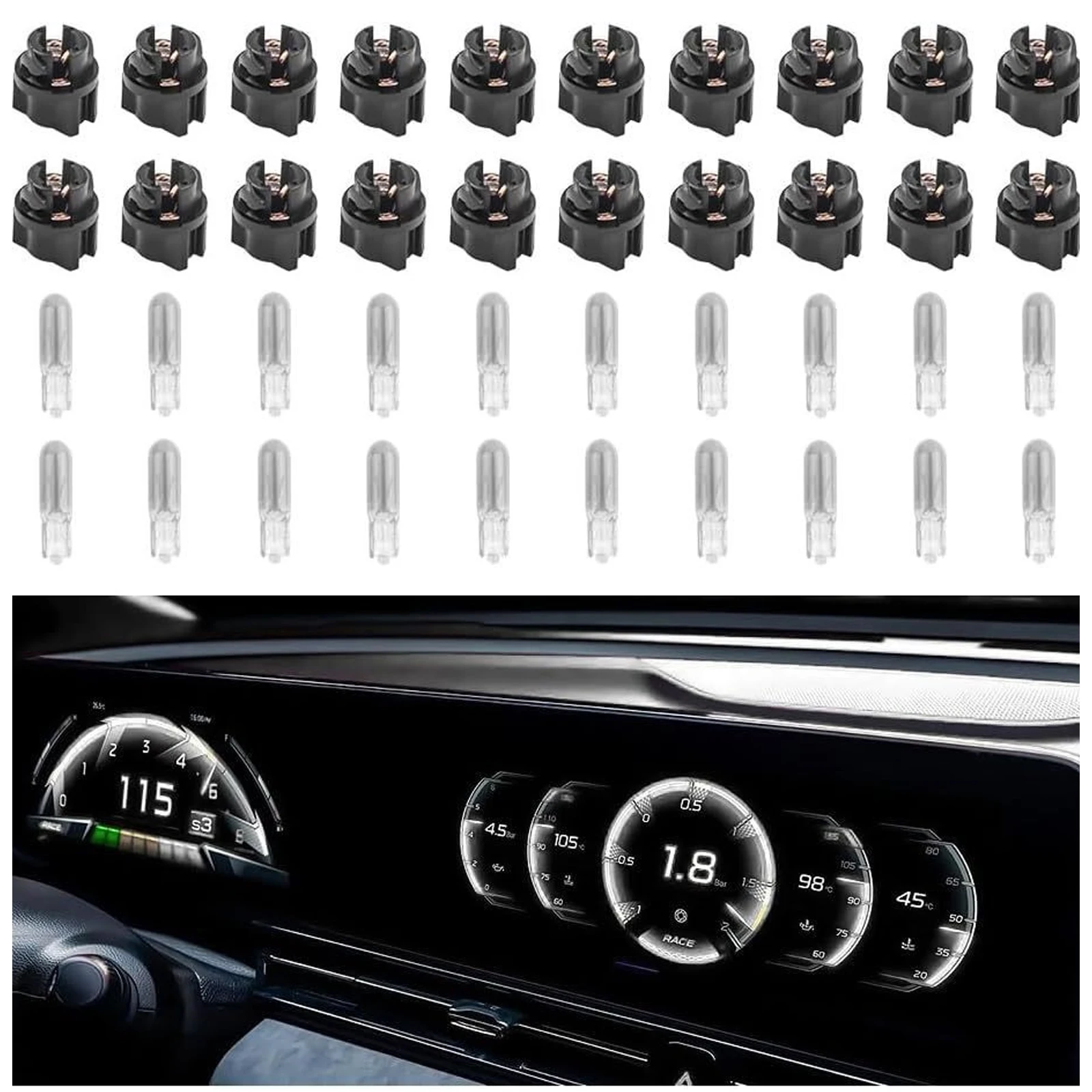 12sets T5 Halogen Instrument Cluster Bulbs with Sockets, 12V 1.2W Dash Light for Automotive Car Interior Replacement