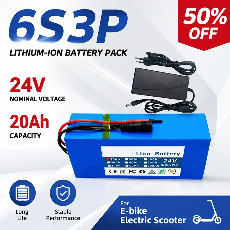 24V 6S3P 20Ah 30Ah 18650 Lithium Ion Battery Pack 25.2V Charger Optional for E-bike Electric Scooter Rechargeable Power Battery